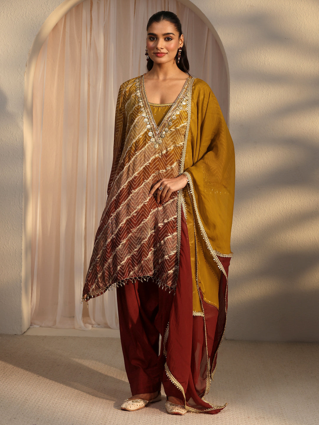  Libas Rust Brown Bandhani Printed Organza Farshi Salwar Suit 