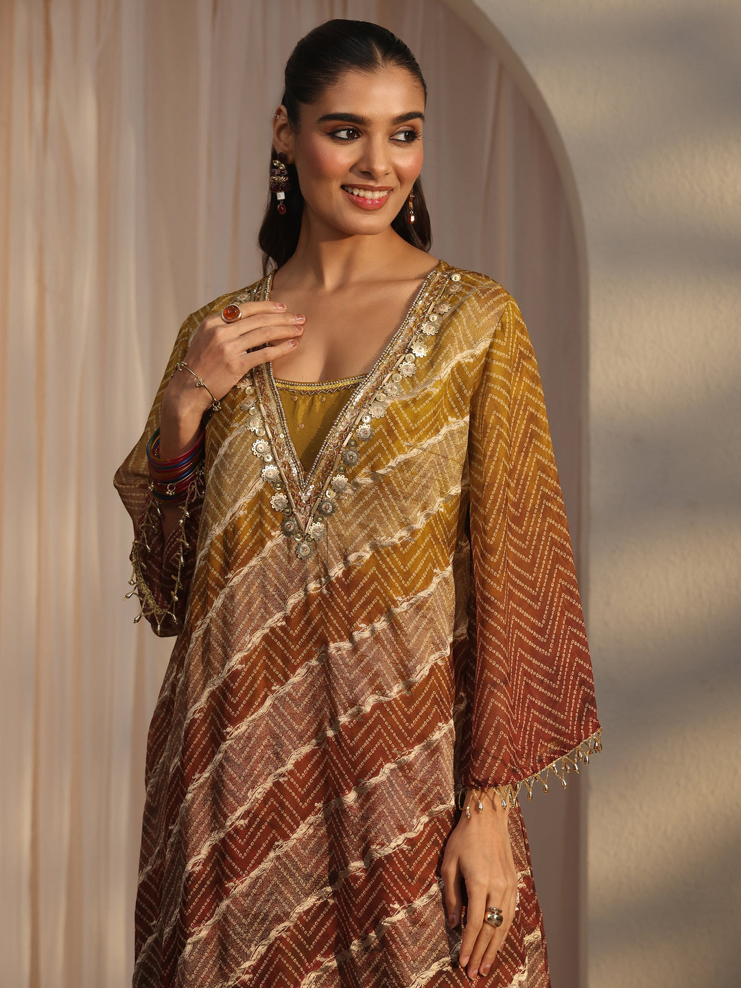  Libas Rust Brown Bandhani Printed Organza Farshi Salwar Suit 