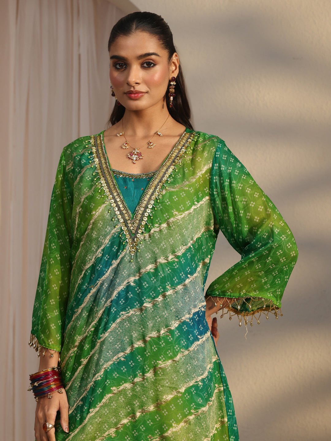  Libas Green Bandhani Printed Organza Farshi Salwar Suit 