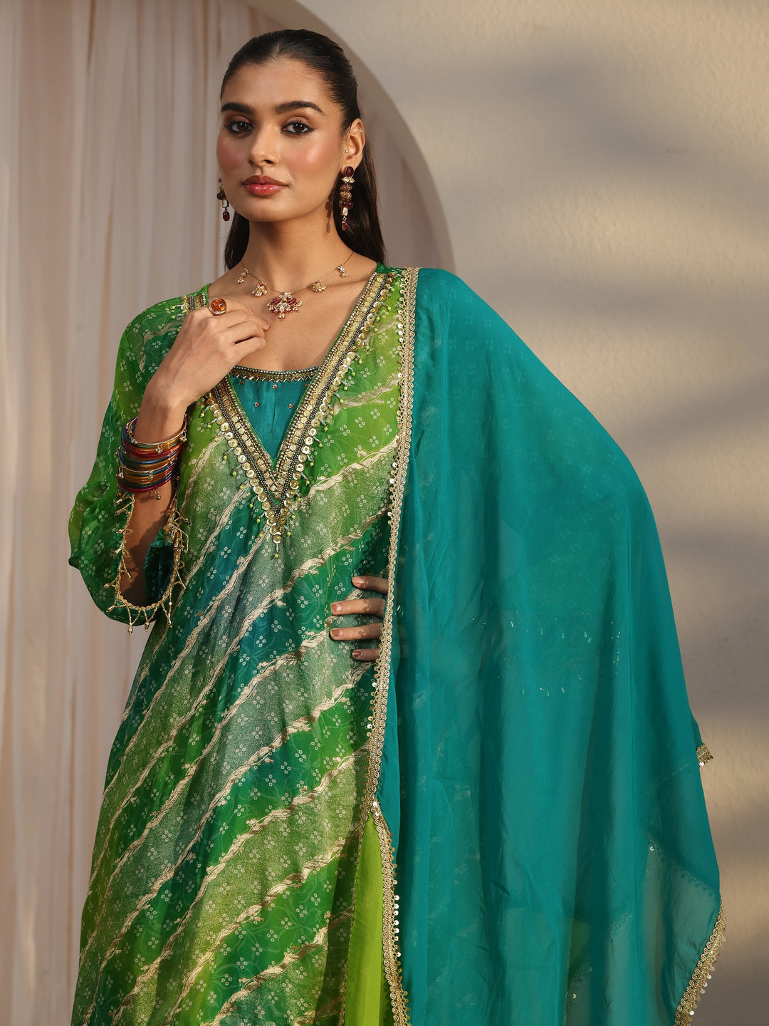  Libas Green Bandhani Printed Organza Farshi Salwar Suit 