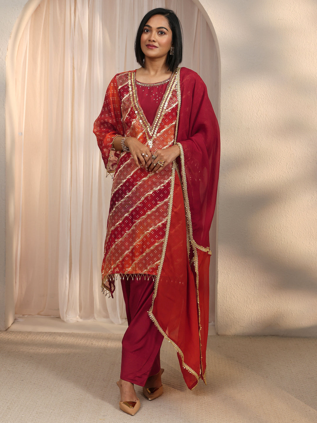  Libas Orange Bandhani Printed Organza Farshi Salwar Suit 