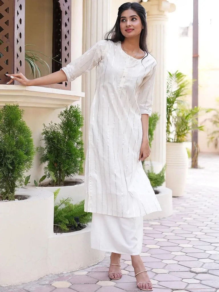 White Woven Design Cotton Kurta - Main Image