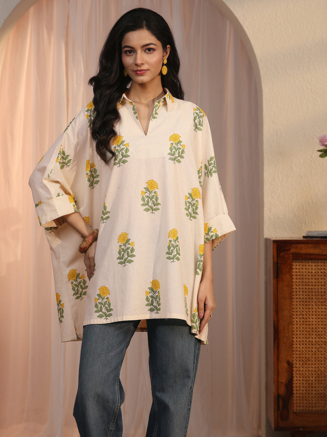  Libas Off White Floral Printed Kaftan Style Cotton Short Kurti 