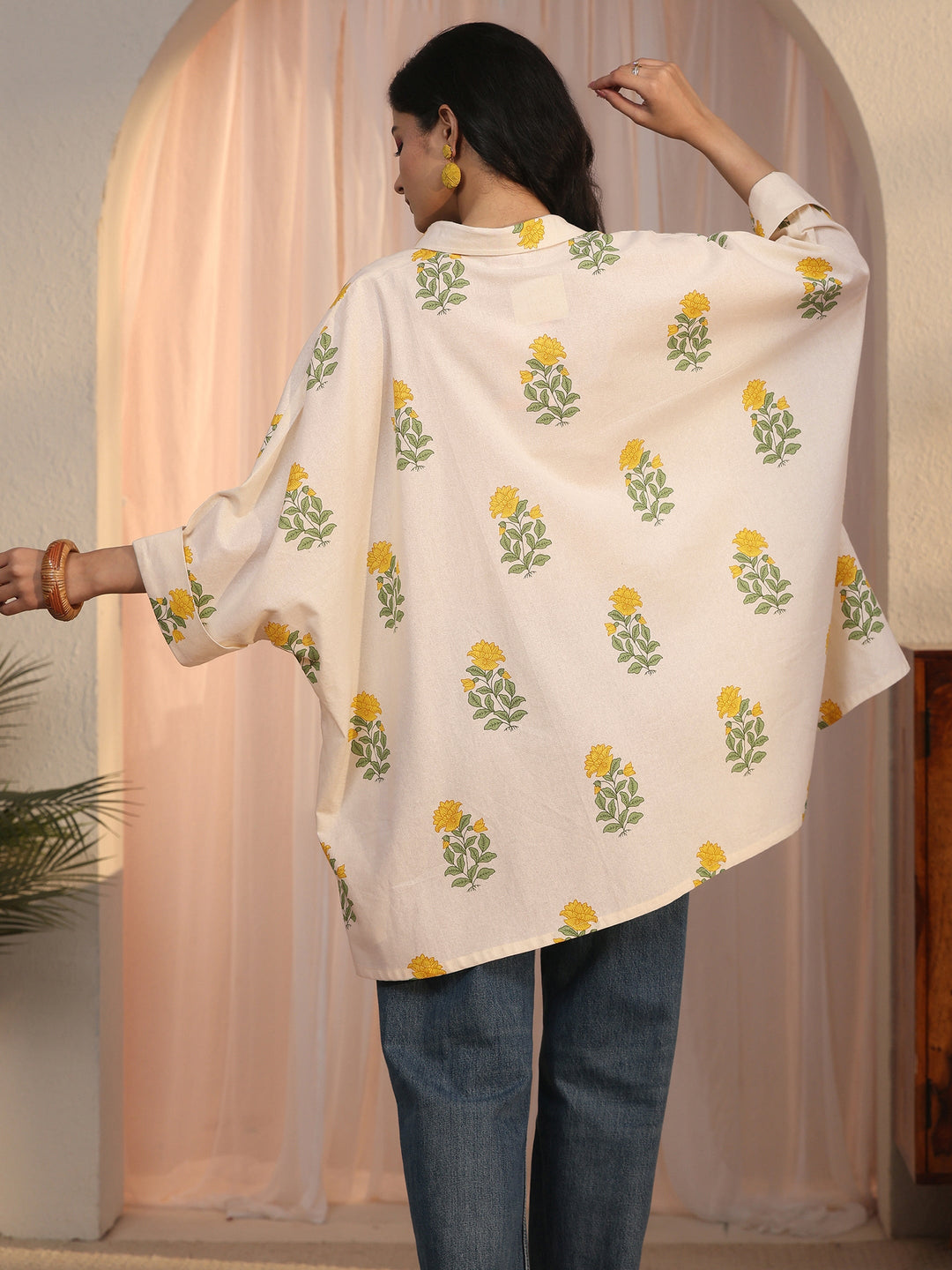  Libas Off White Floral Printed Kaftan Style Cotton Short Kurti 