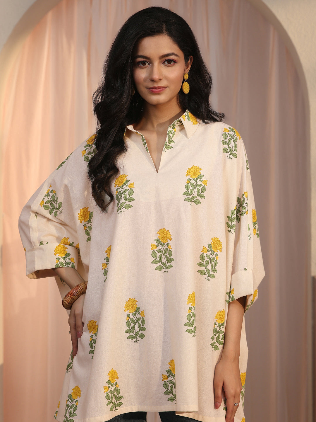  Libas Off White Floral Printed Kaftan Style Cotton Short Kurti 
