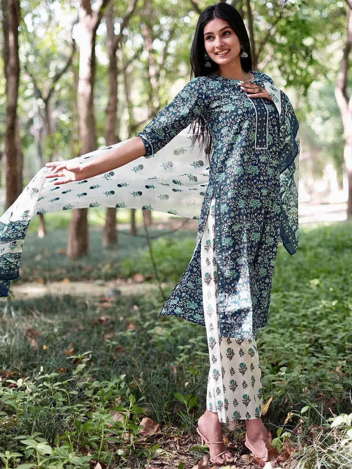 Blue Printed Cotton Straight Kurta With Palazzos & Dupatta - Libas