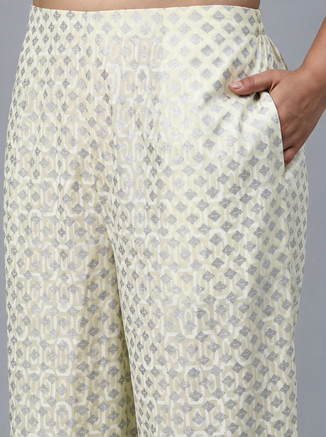  Plus Size Light Yellow Woven Design Rayon Straight Suit Set 