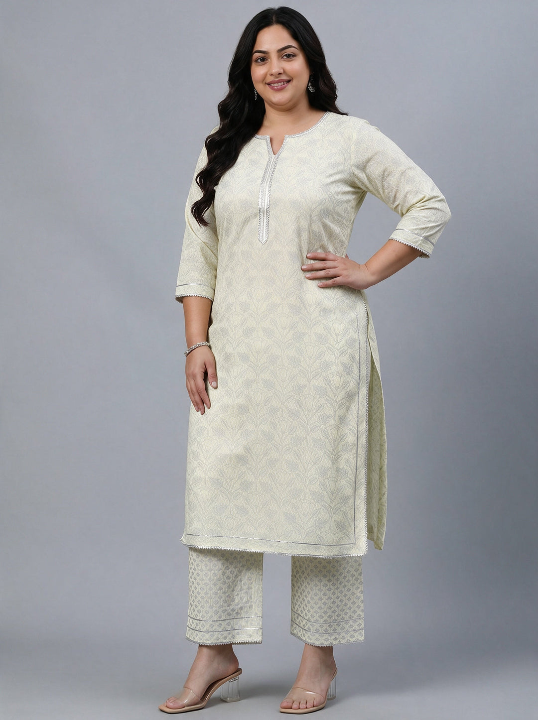  Plus Size Light Yellow Woven Design Rayon Straight Suit Set 