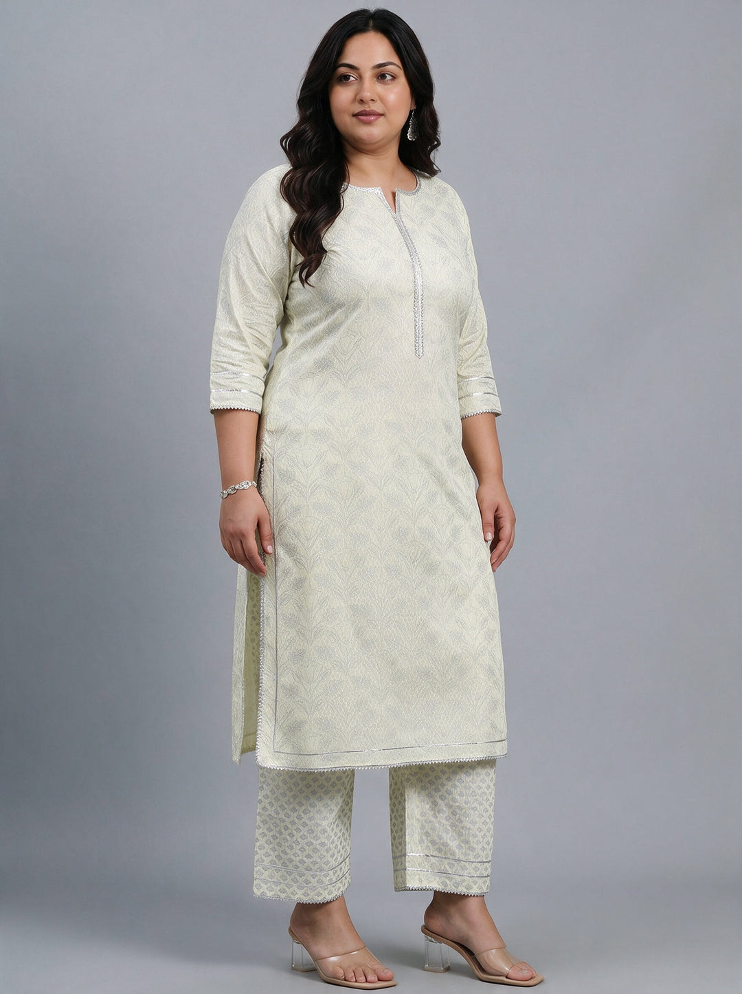  Plus Size Light Yellow Woven Design Rayon Straight Suit Set 