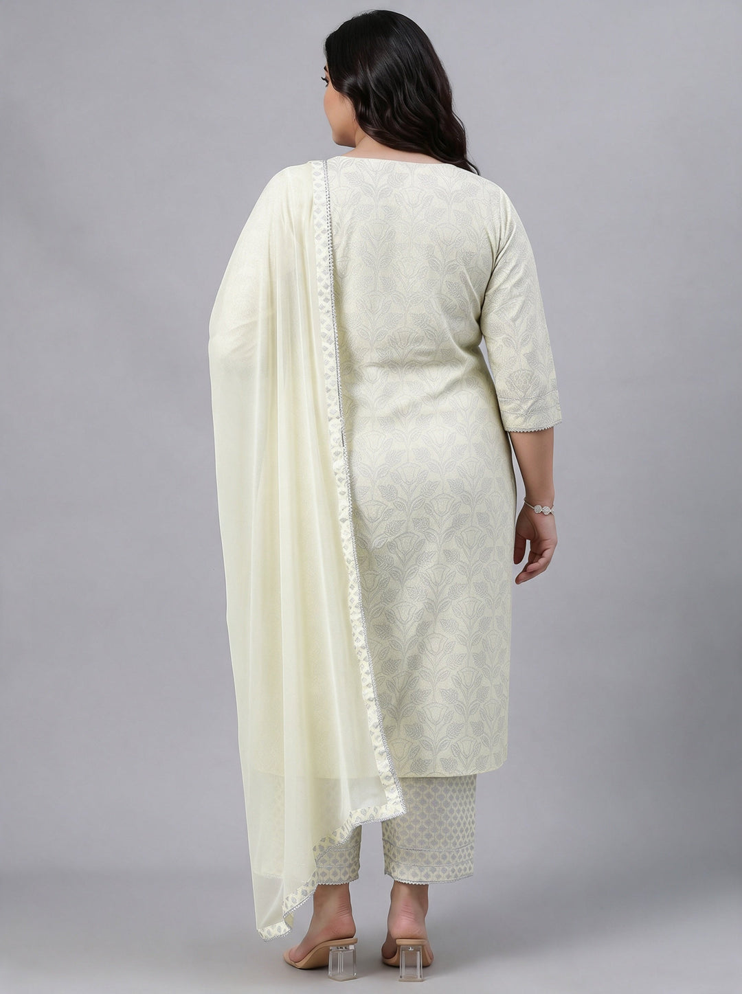  Plus Size Light Yellow Woven Design Rayon Straight Suit Set 