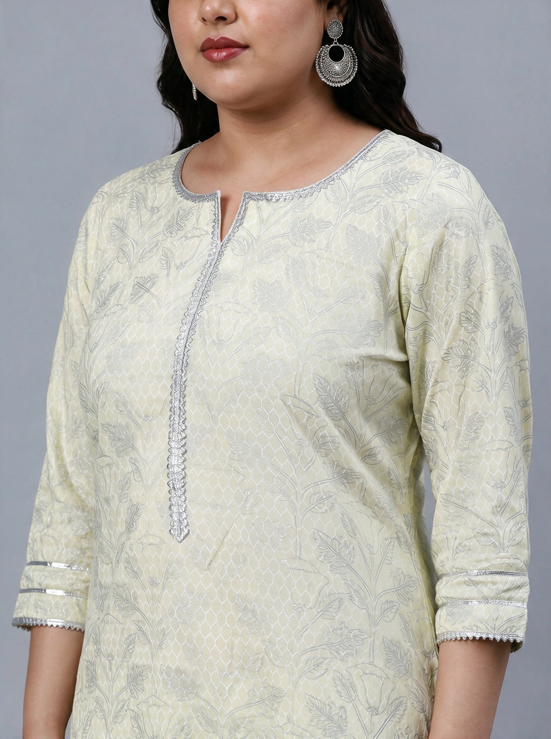  Plus Size Light Yellow Woven Design Rayon Straight Suit Set 