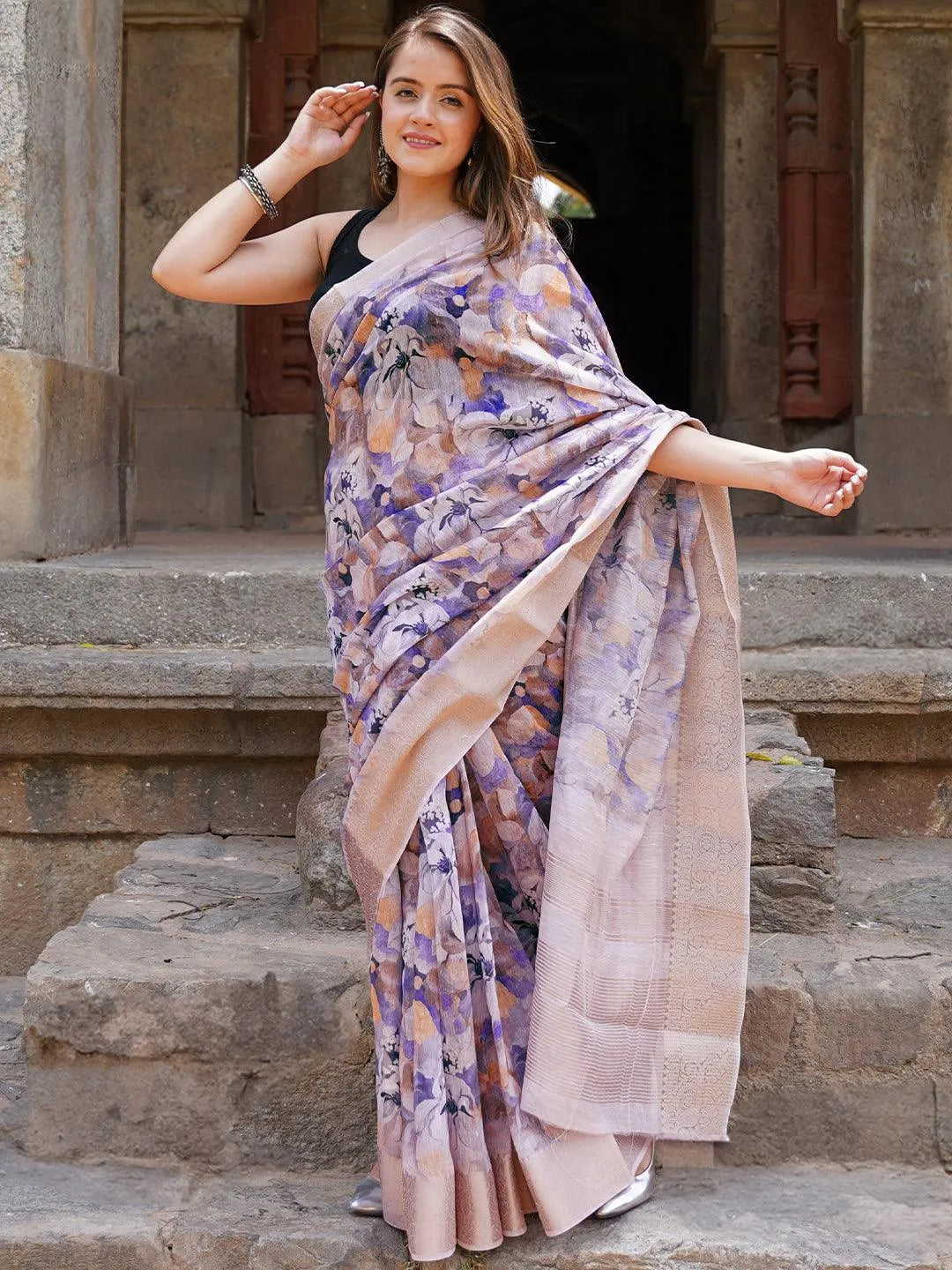 Blue Printed Silk Blend Saree With Unstitched Blouse Piece - Libas