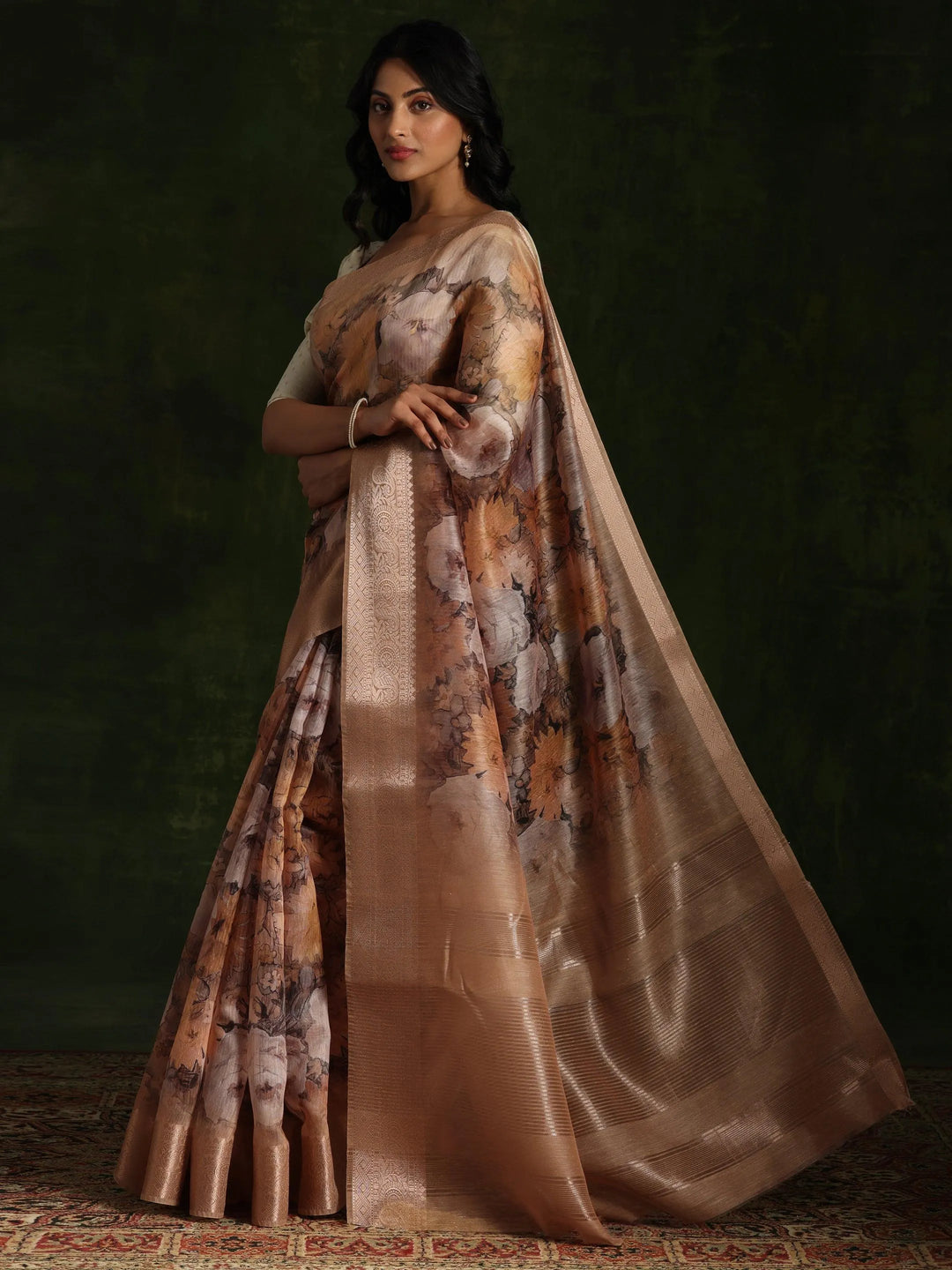 Golden Printed Silk Blend Saree With Unstitched Blouse Piece - Libas 