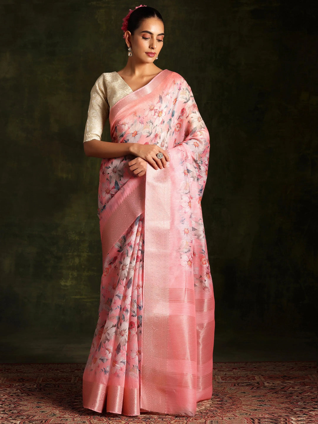 Pink Printed Silk Blend Saree With Unstitched Blouse Piece - Libas