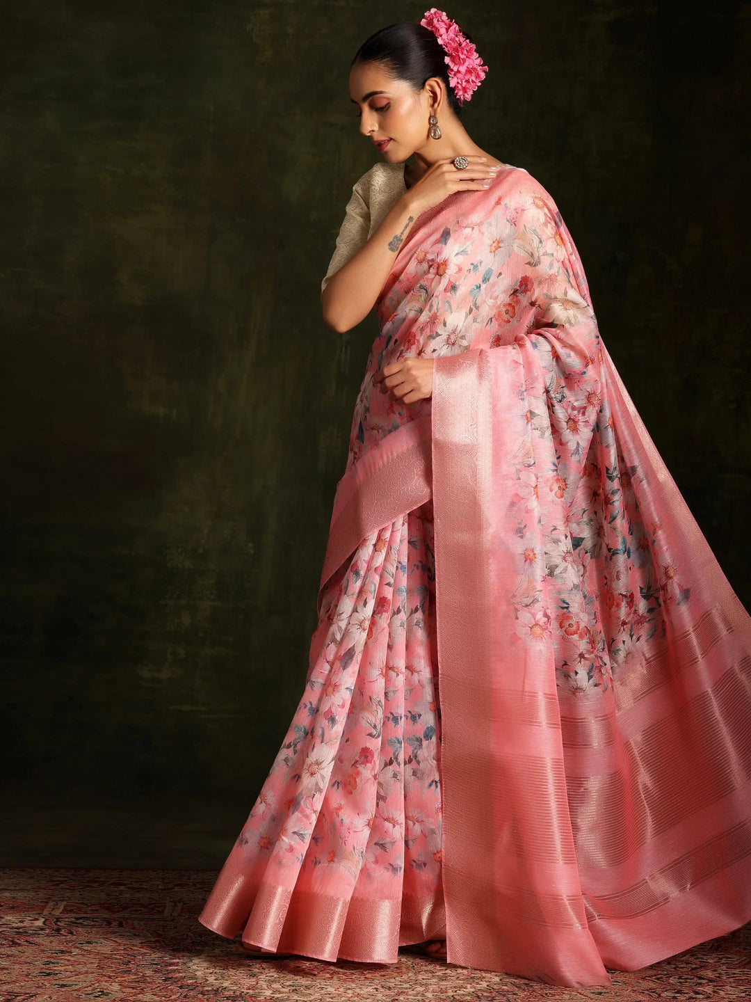 Pink Printed Silk Blend Saree With Unstitched Blouse Piece - Libas