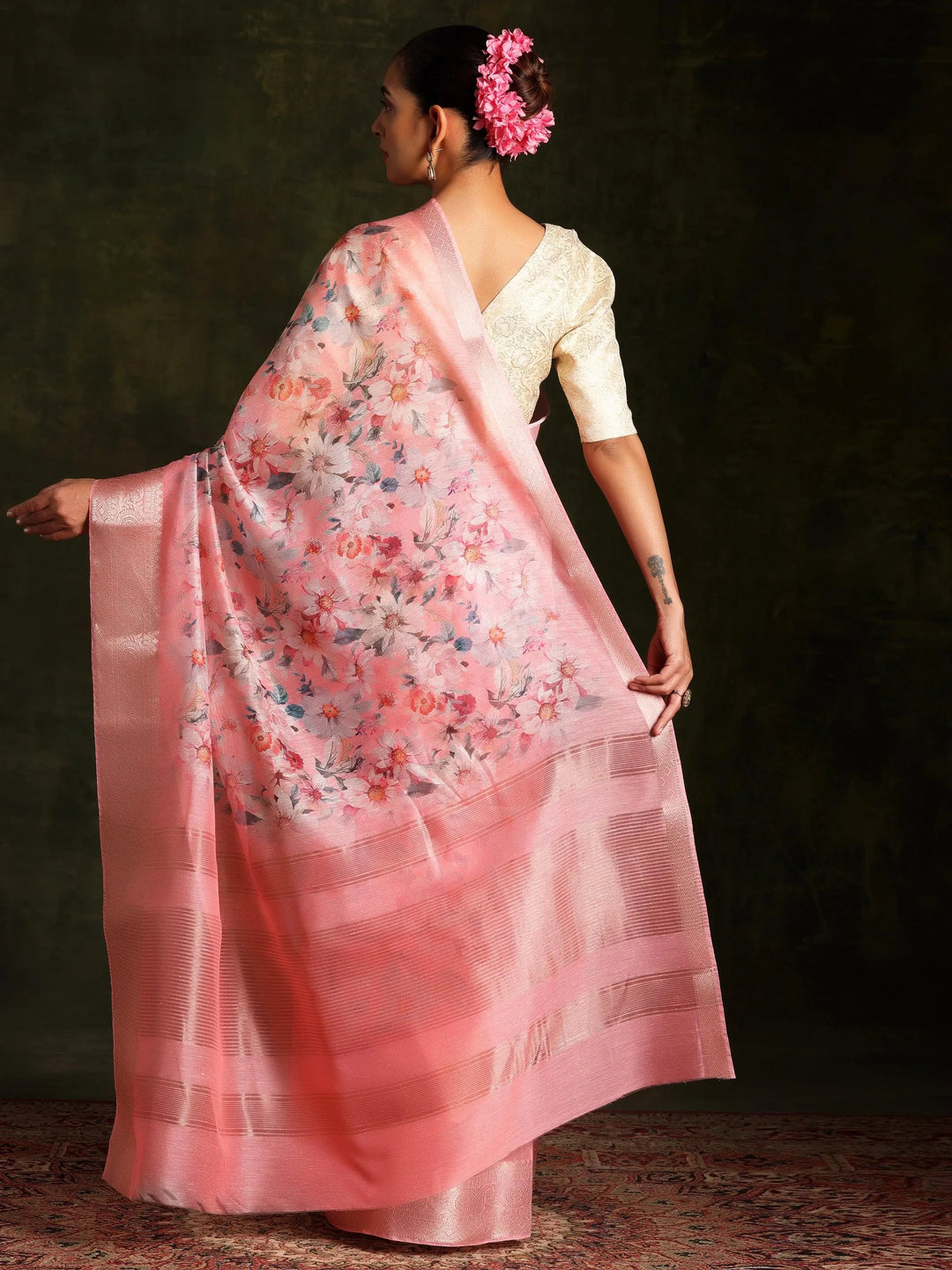 Pink Printed Silk Blend Saree With Unstitched Blouse Piece - Libas