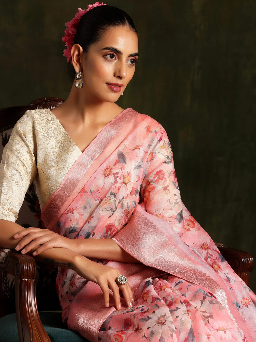 Pink Printed Silk Blend Saree With Unstitched Blouse Piece - Libas