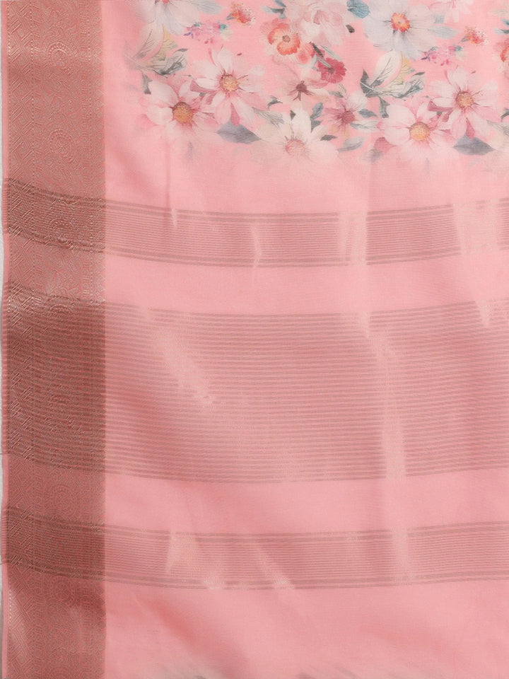 Pink Printed Silk Blend Saree With Unstitched Blouse Piece - Libas