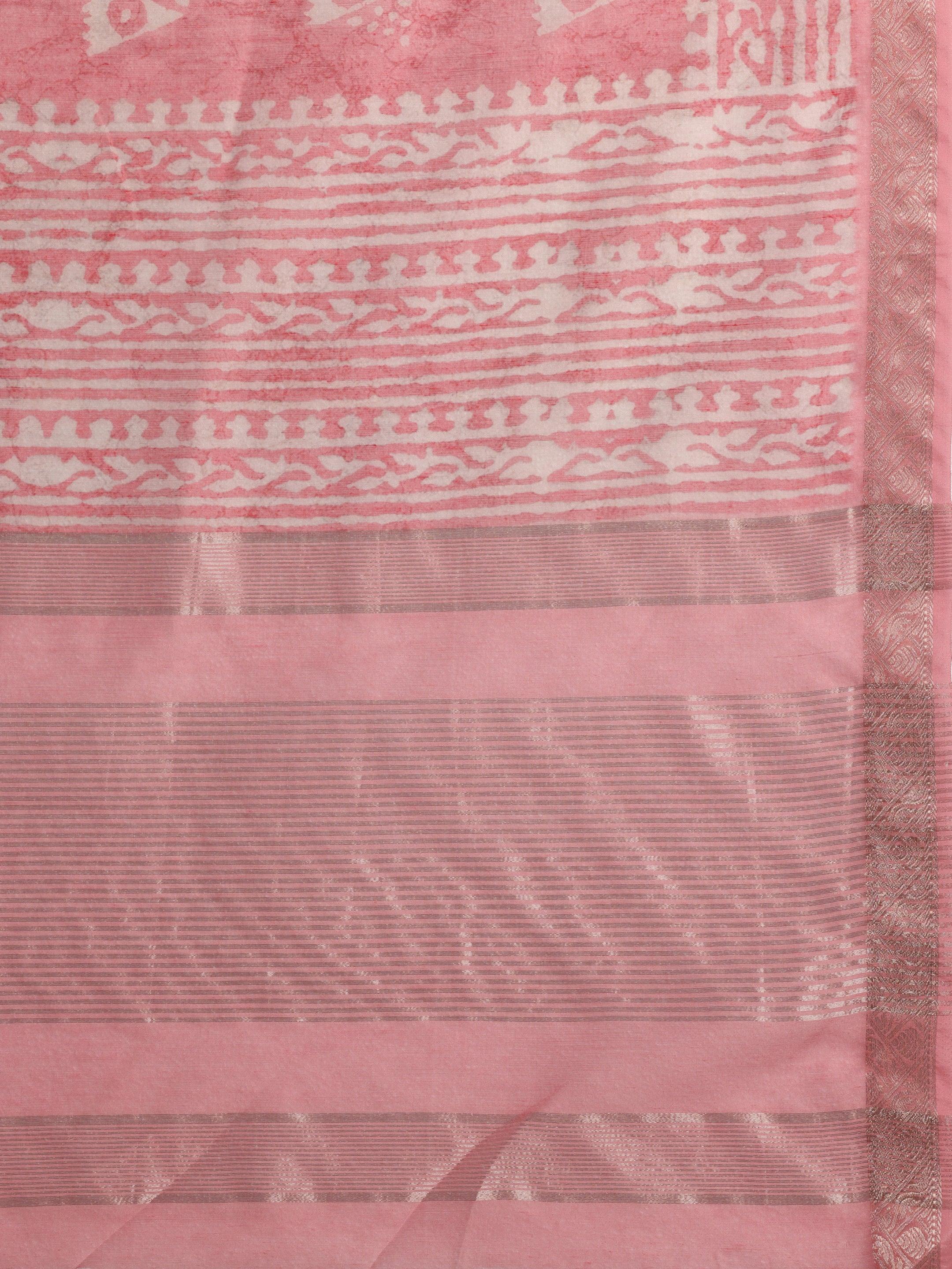 Pink Printed Silk Blend Saree With Unstitched Blouse Piece