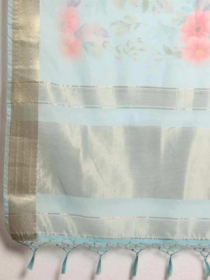 Turquoise Printed Silk Blend Saree With Unstitched Blouse Piece - Libas