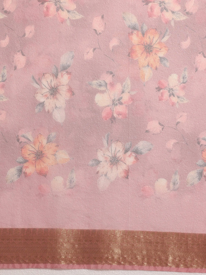 Mauve Printed Organza Saree With Unstitched Blouse Piece - Libas