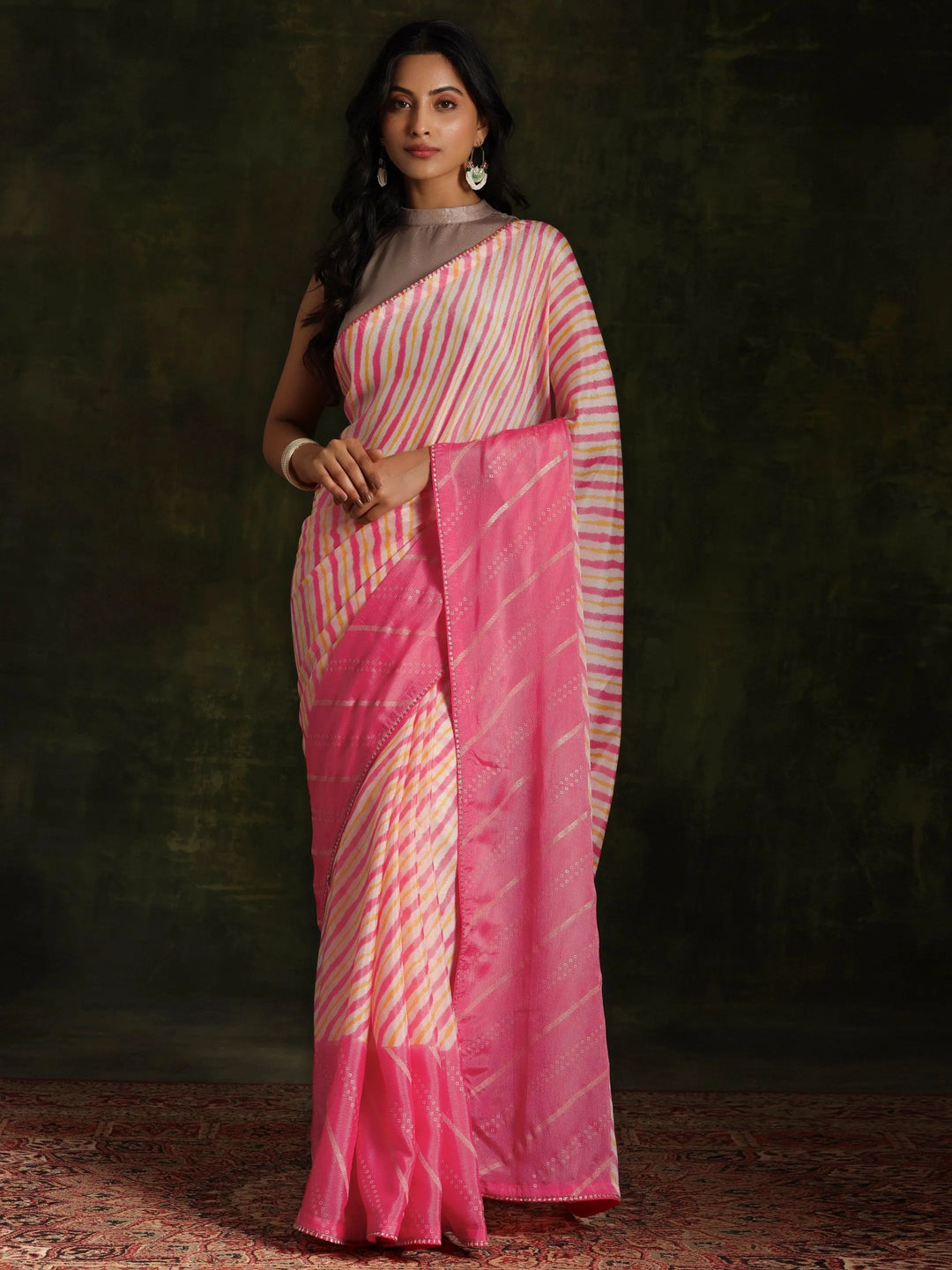 Pink Printed Silk Blend Saree With Unstitched Blouse Piece - Libas 