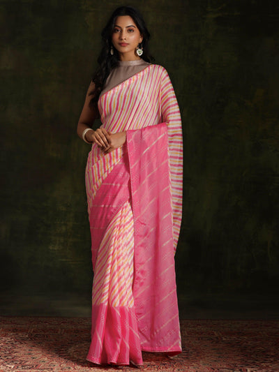 Pink Printed Silk Blend Saree With Unstitched Blouse Piece - Libas