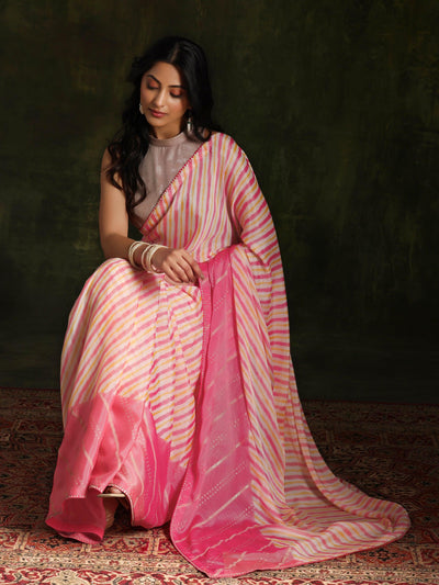 Pink Printed Silk Blend Saree With Unstitched Blouse Piece - Libas