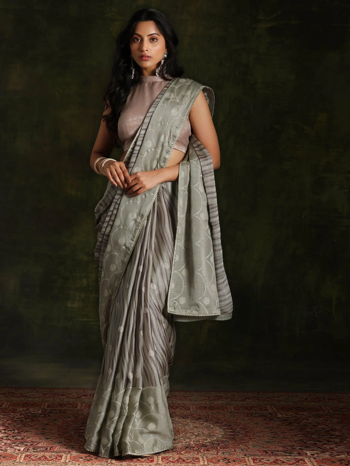 Green Printed Silk Blend Saree With Unstitched Blouse Piece - Libas