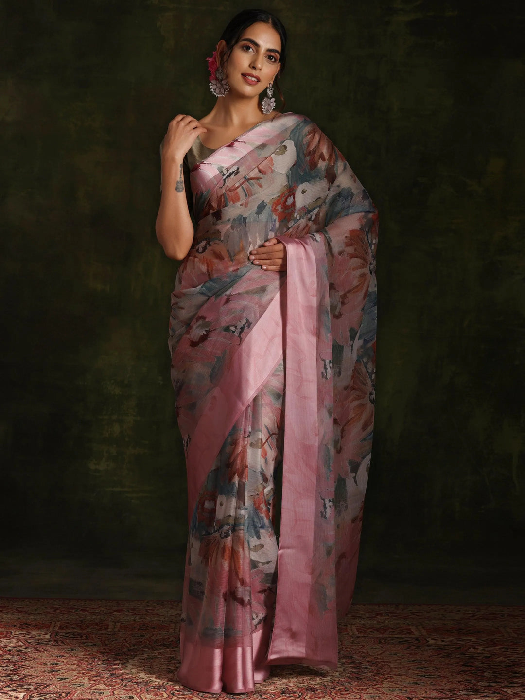 Pink Printed Silk Blend Saree With Unstitched Blouse Piece - Libas