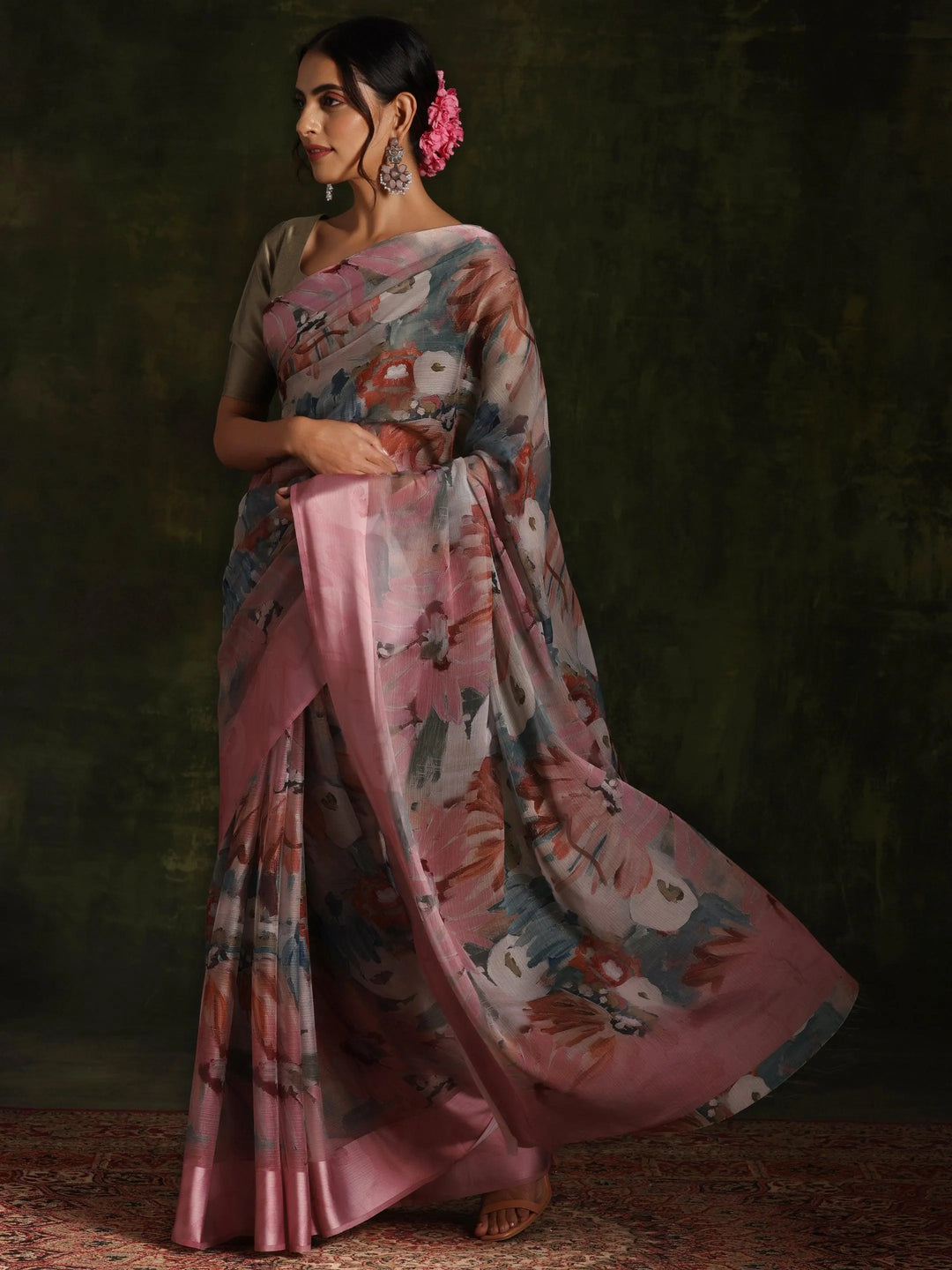 Pink Printed Silk Blend Saree With Unstitched Blouse Piece - Libas