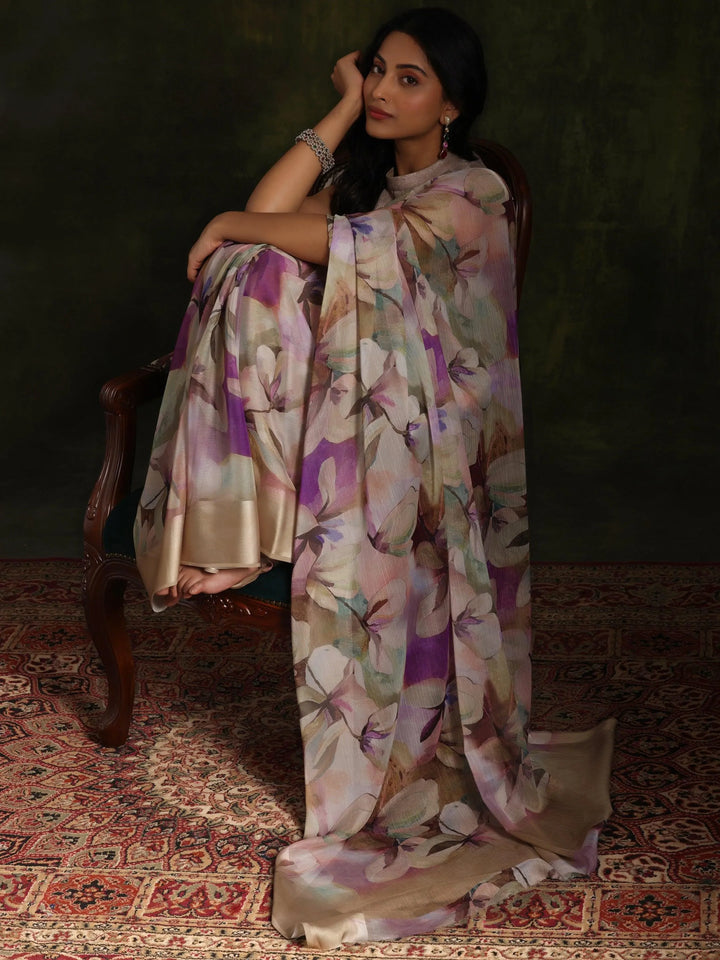 Olive Printed Silk Blend Saree With Unstitched Blouse Piece - Libas