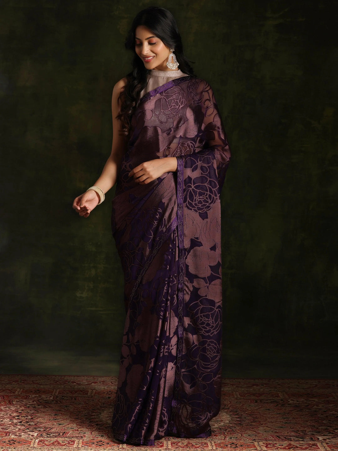 Purple Woven Design Brasso Saree With Unstitched Blouse Piece - Libas