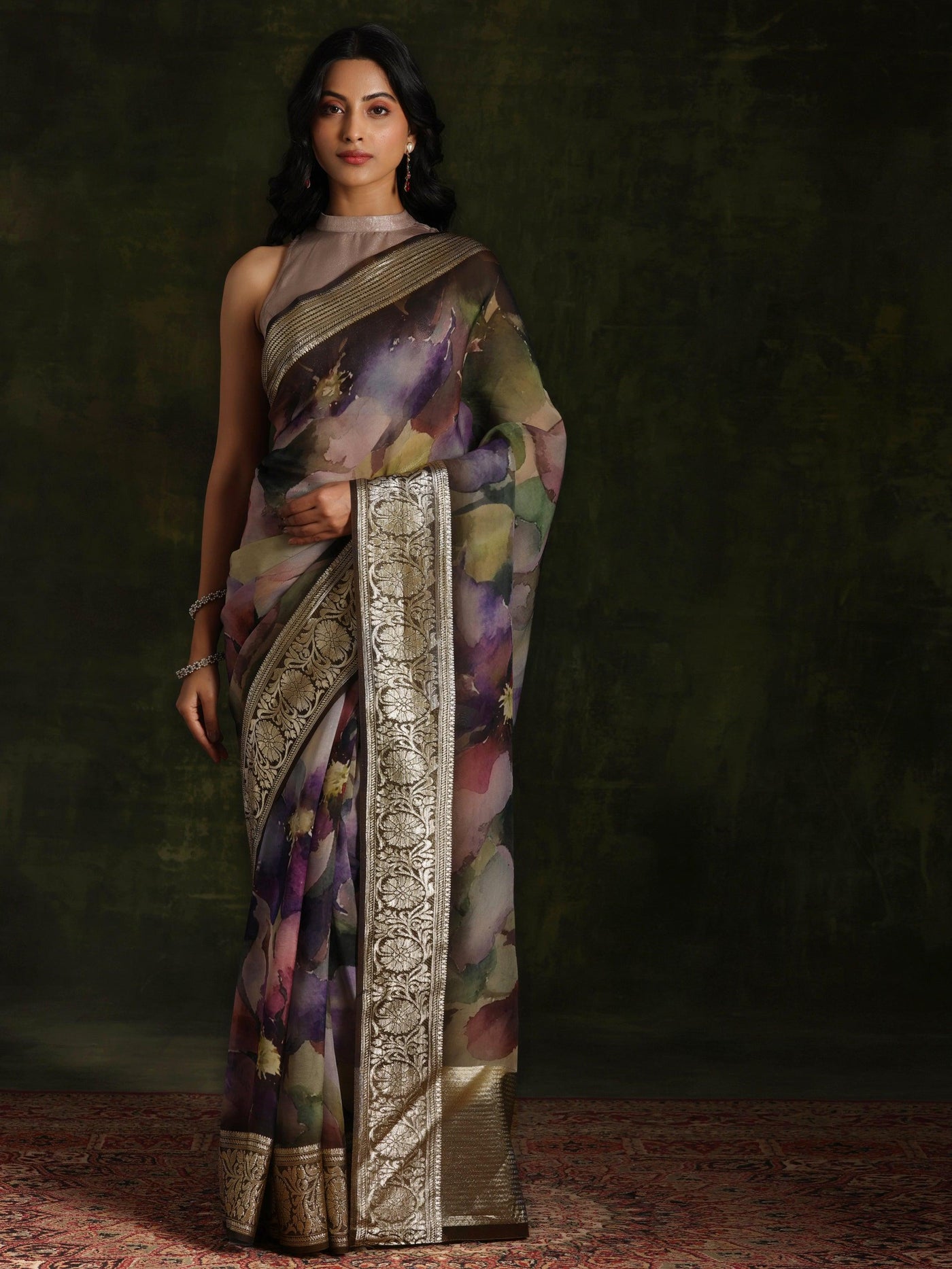 Multicoloured Printed Organza Saree With Unstitched Blouse Piece - Libas