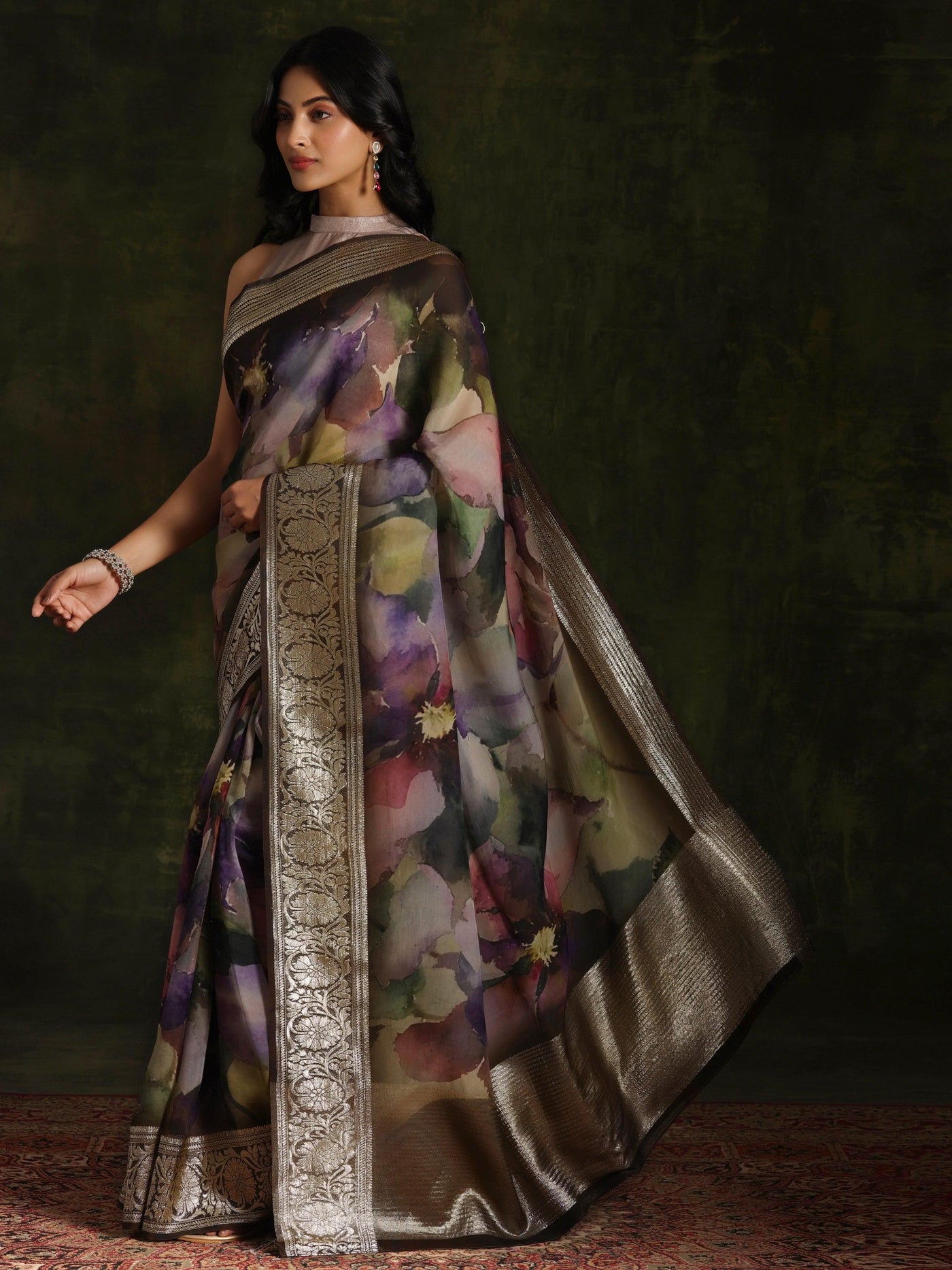 Multicoloured Printed Organza Saree With Unstitched Blouse Piece - Libas