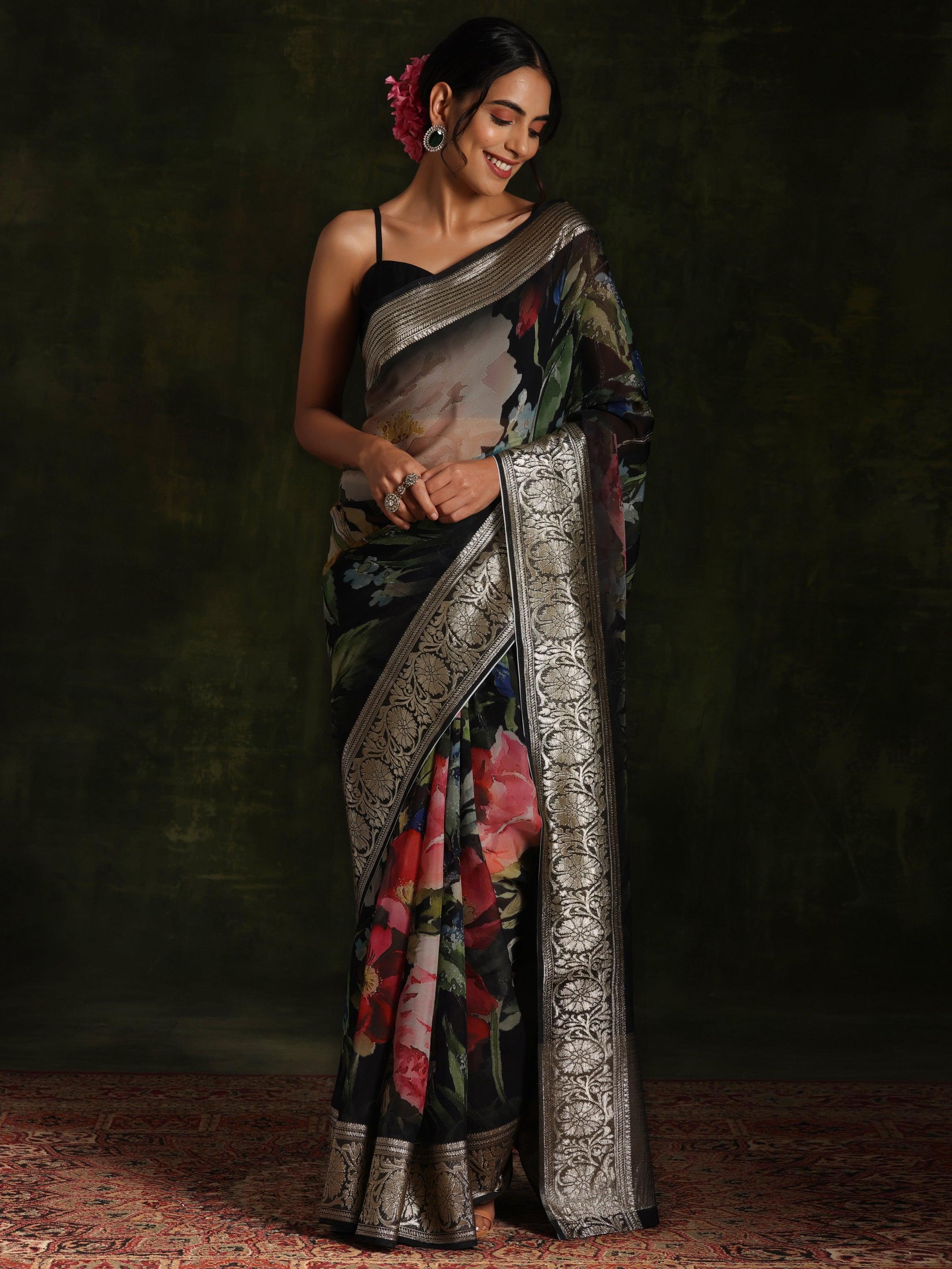 Black Printed Organza Saree With Unstitched Blouse Piece