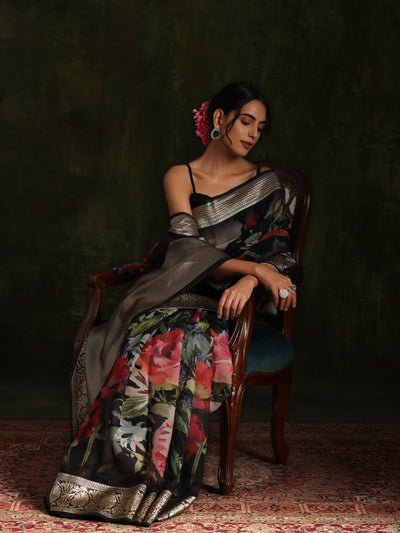 Black Printed Organza Saree With Unstitched Blouse Piece - Libas