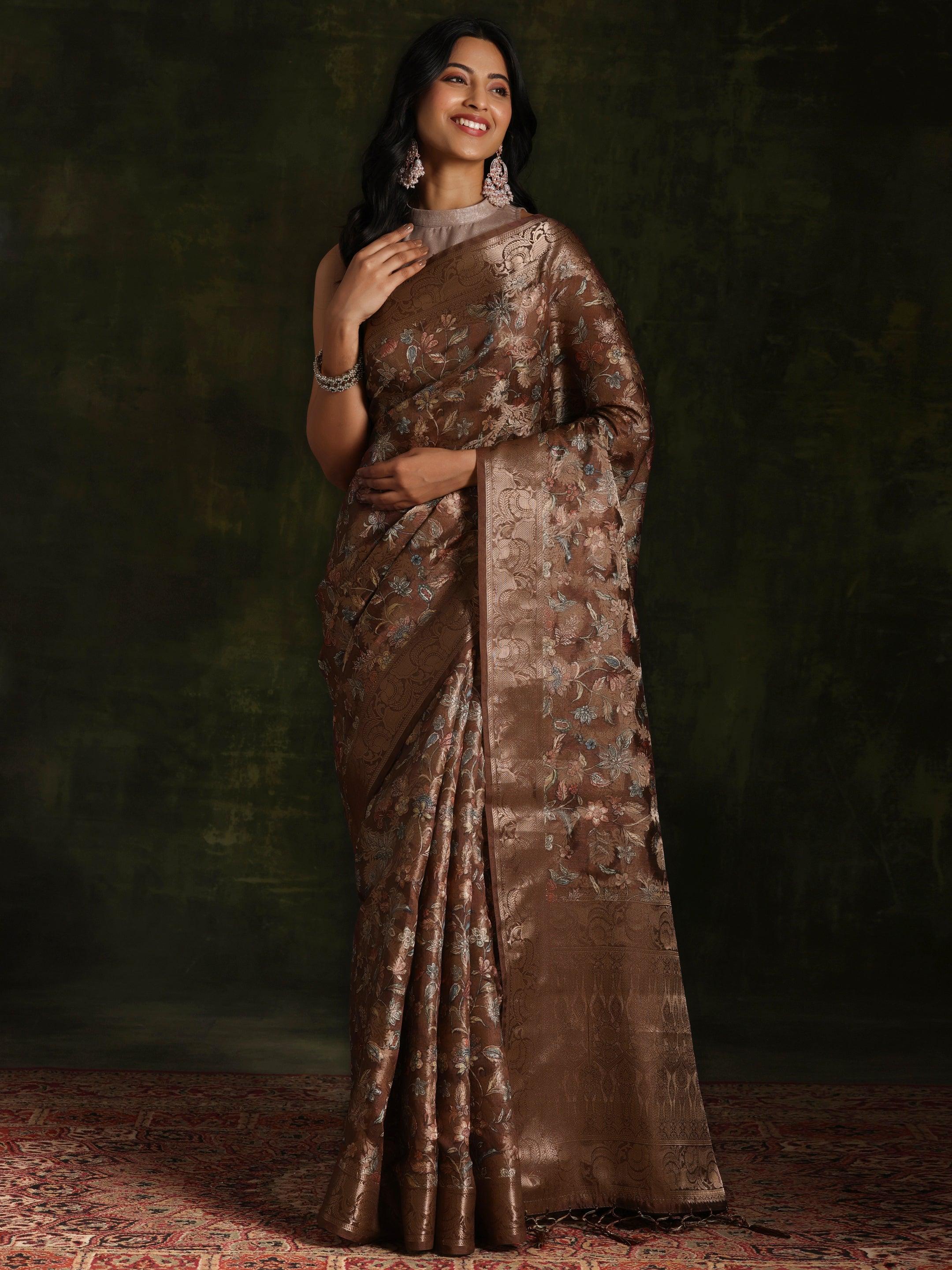 Brown Woven Design Brocade Saree With Unstitched Blouse Piece
