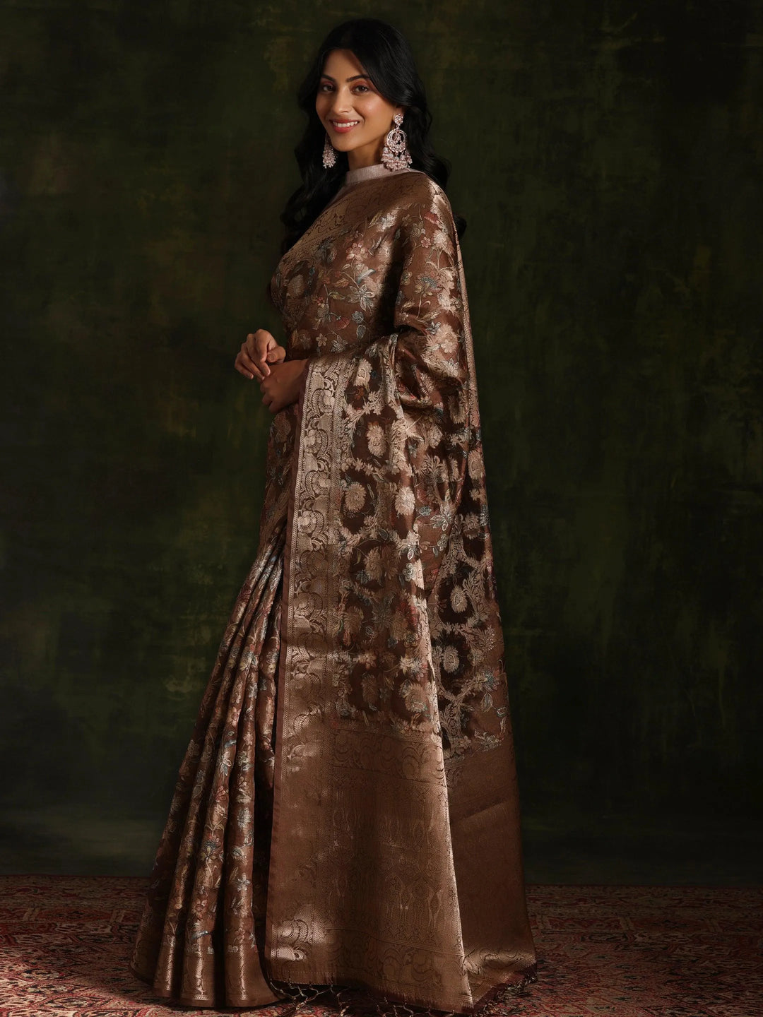 Brown Woven Design Brocade Saree With Unstitched Blouse Piece - Libas 