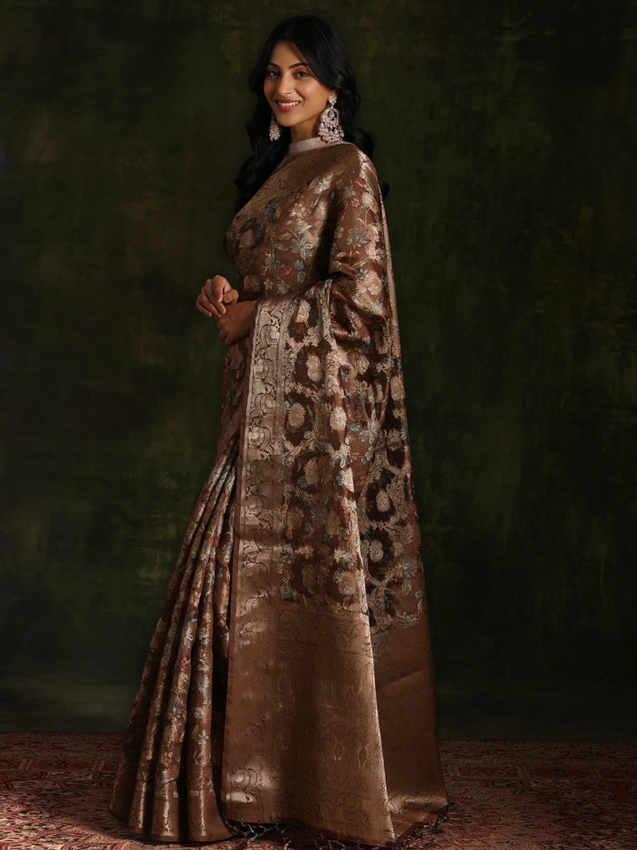 Brown Woven Design Brocade Saree With Unstitched Blouse Piece - Libas