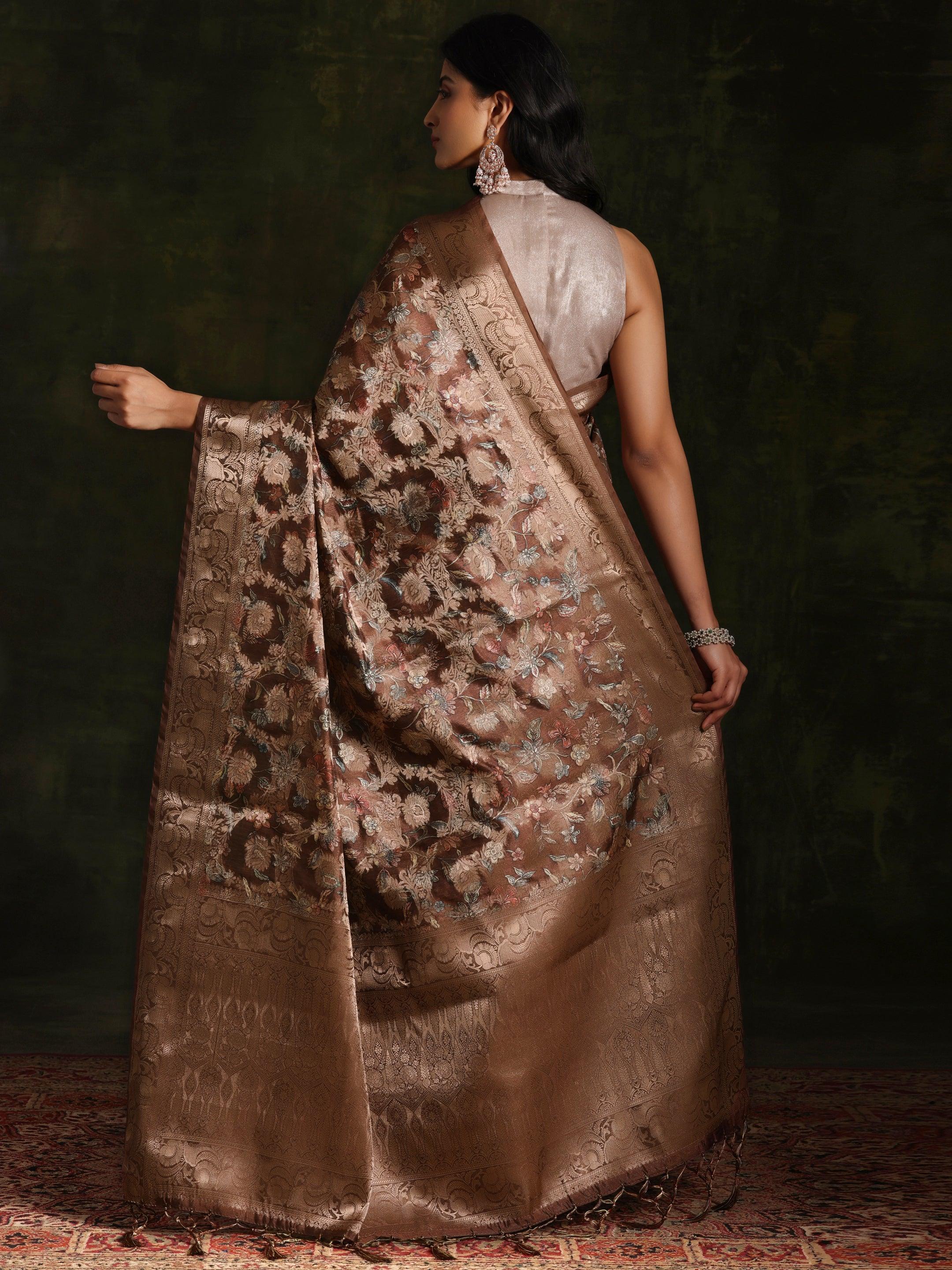 Brown Woven Design Brocade Saree With Unstitched Blouse Piece