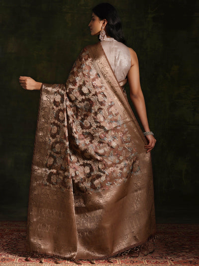 Brown Woven Design Brocade Saree With Unstitched Blouse Piece - Libas