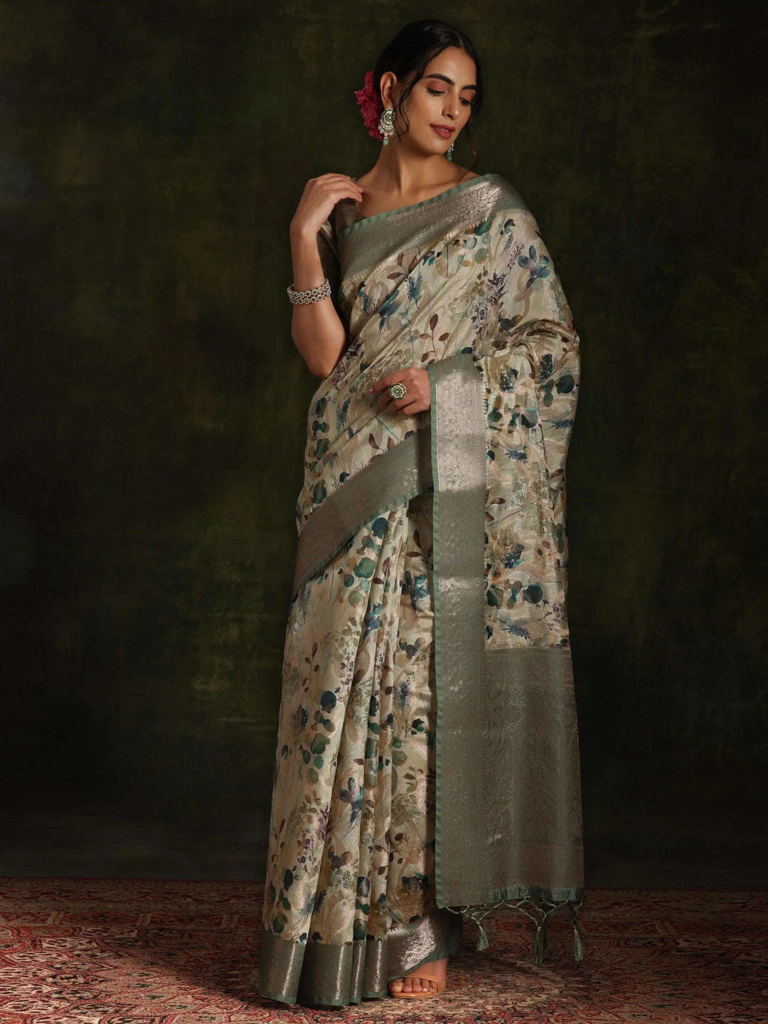Green Woven Design Brocade Saree With Unstitched Blouse Piece - Libas 