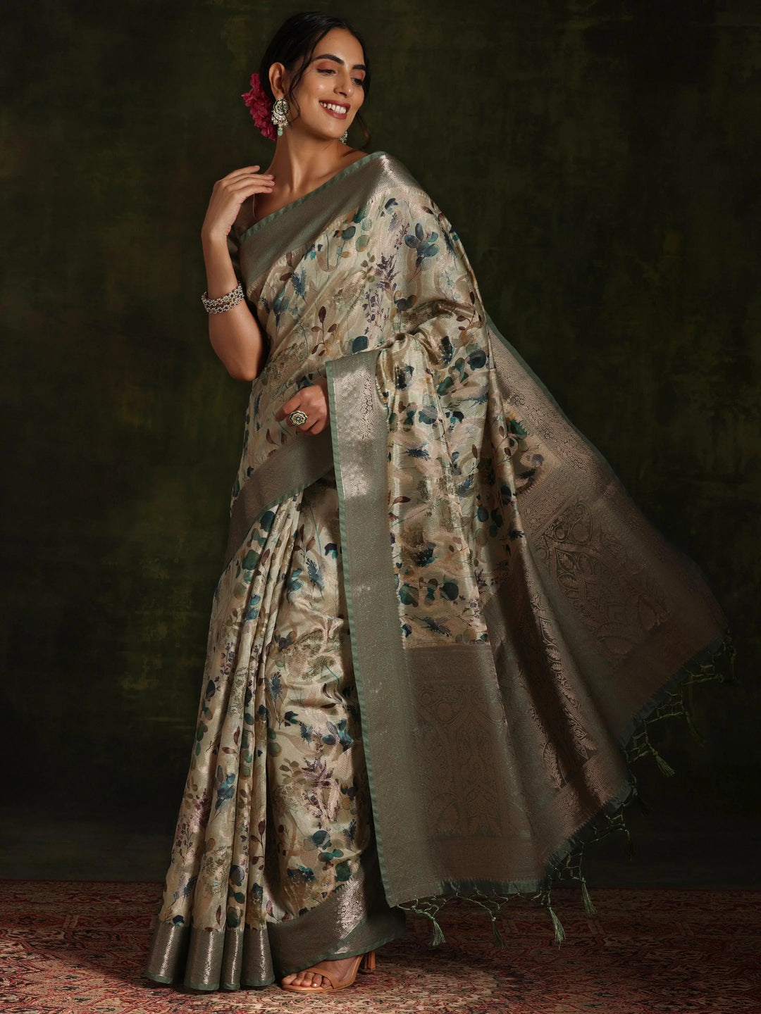 Green Woven Design Brocade Saree With Unstitched Blouse Piece - Libas