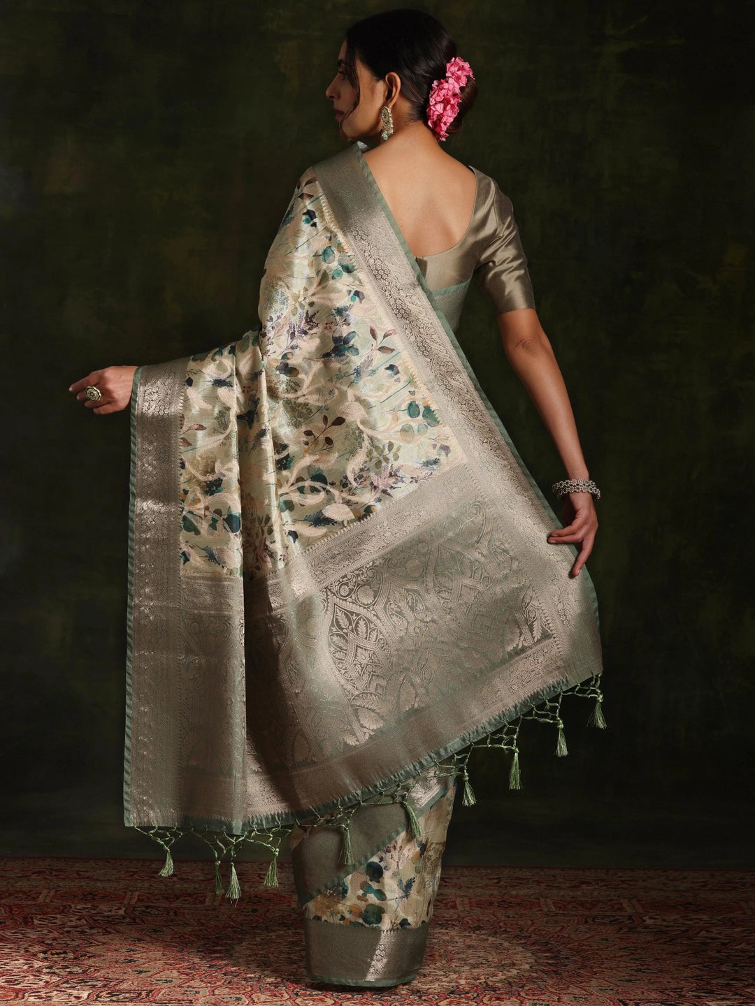 Green Woven Design Brocade Saree With Unstitched Blouse Piece - Libas