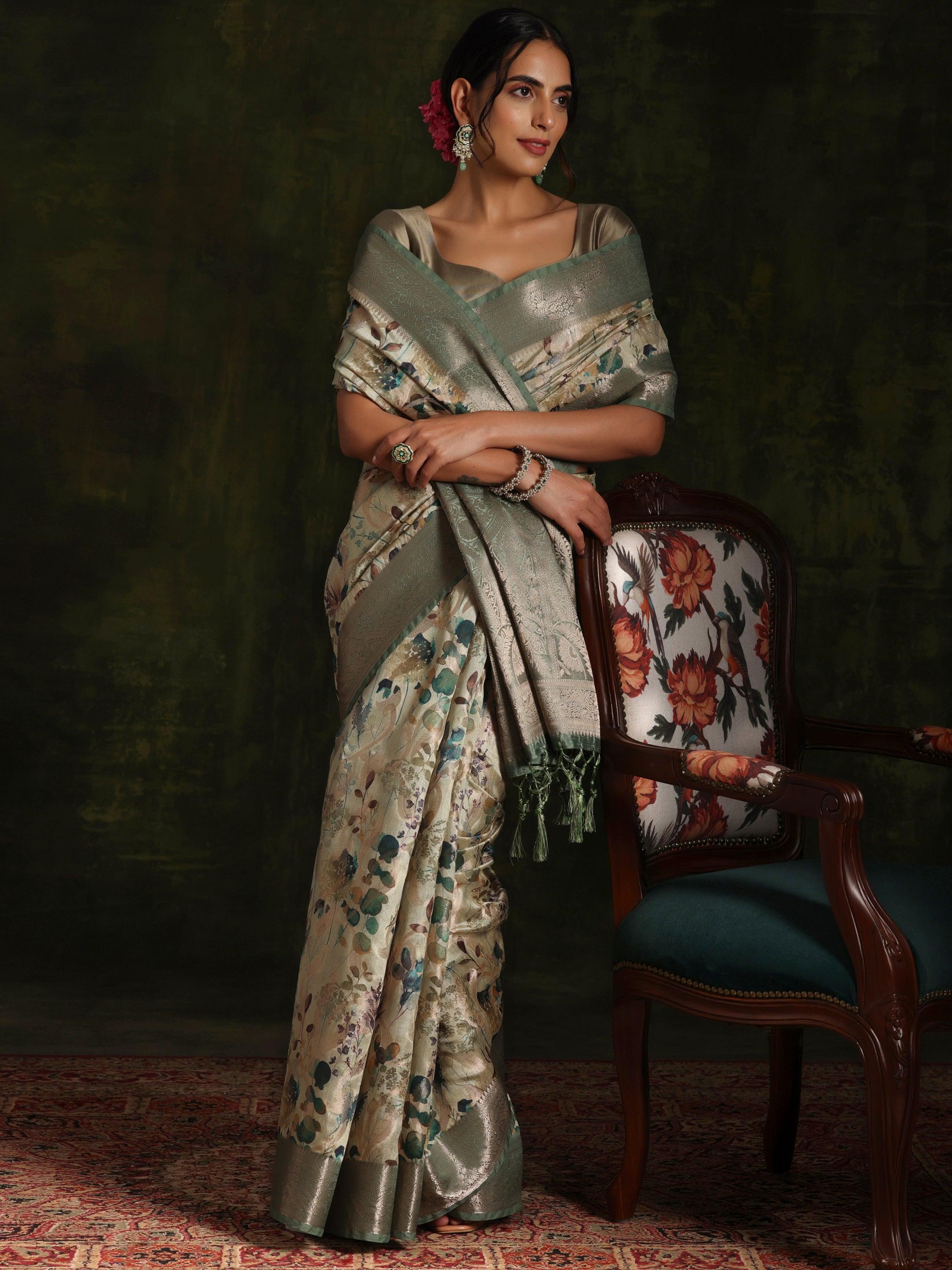 Green Woven Design Brocade Saree With Unstitched Blouse Piece