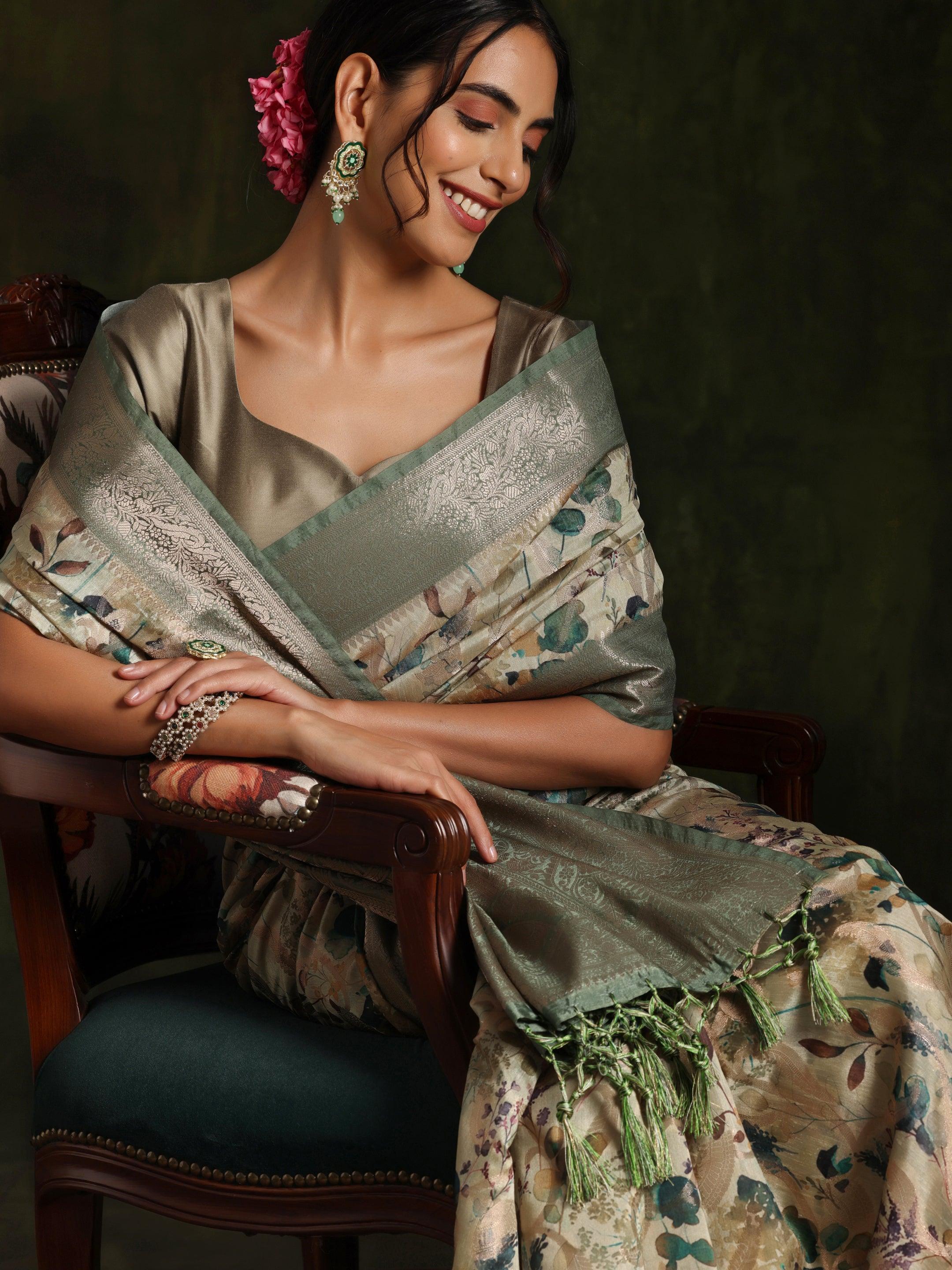 Green Woven Design Brocade Saree With Unstitched Blouse Piece