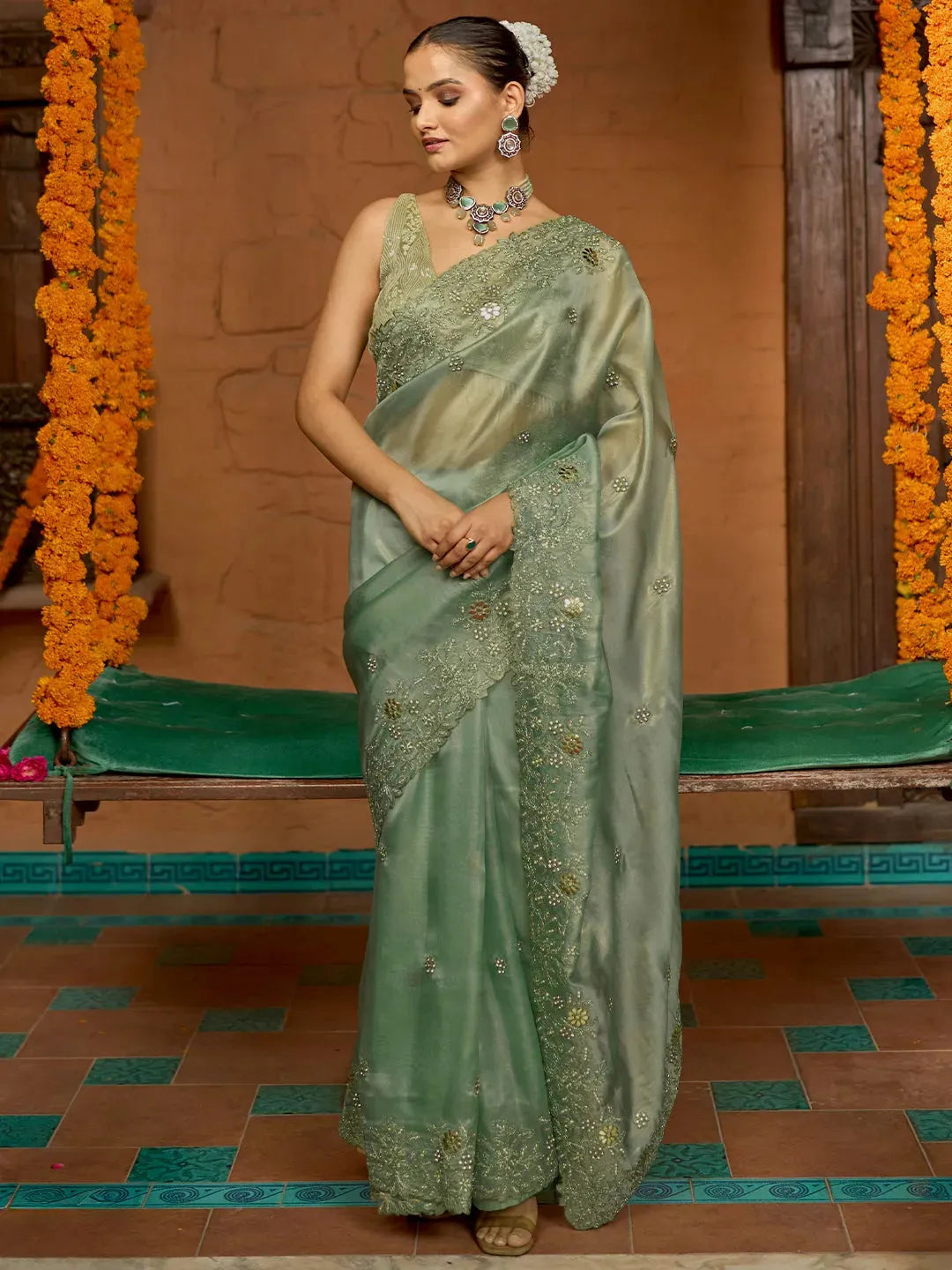  Libas Art Green Embroidered Silk Blend Saree With Unstitched Blouse Piece 