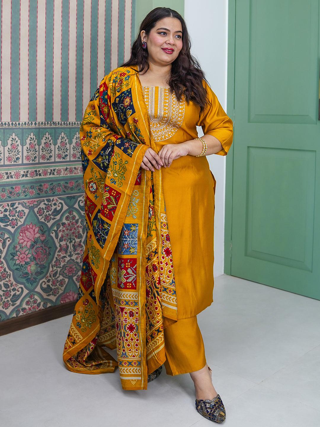 Plus Size Mustard Printed Silk Blend Straight Suit With Dupatta - Libas