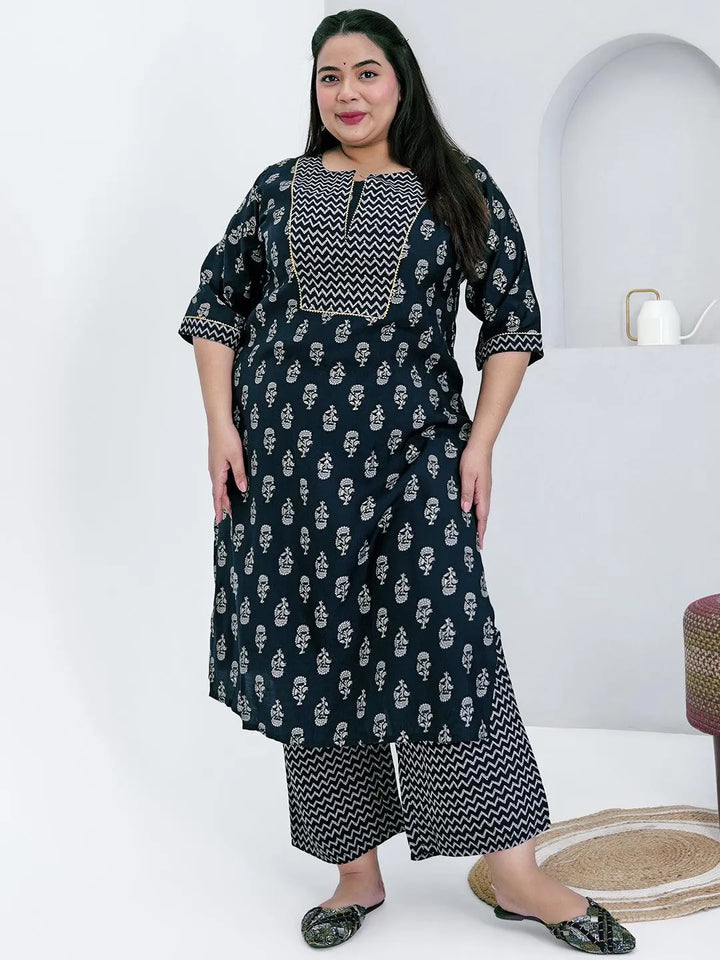 Plus Size Blue Printed Silk Blend Straight Kurta Set - Libas